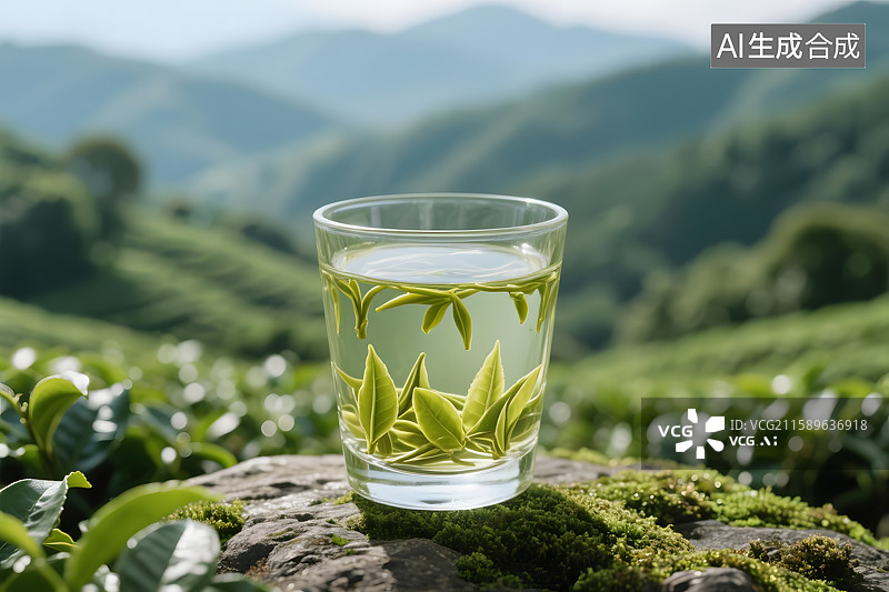 【AI数字艺术】一杯清新的玻璃杯绿茶特写图片素材