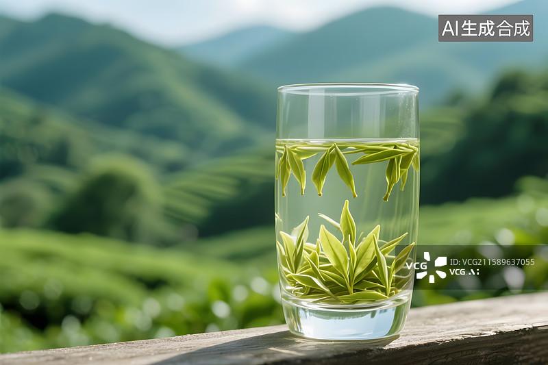 【AI数字艺术】一杯清新的玻璃杯绿茶特写图片素材