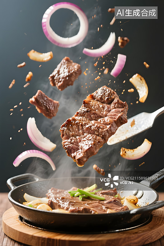 【AI数字艺术】中式铁板牛柳煎锅上的牛肉图片素材