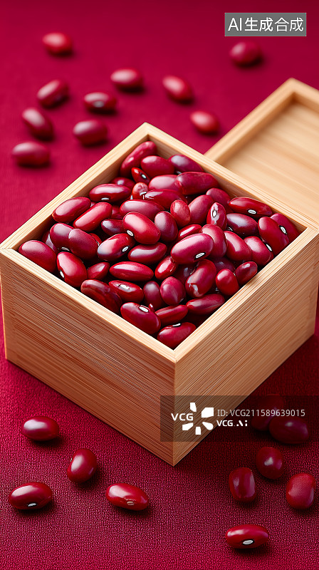 【AI数字艺术】木质盒中的红豆散落红色背景图片素材