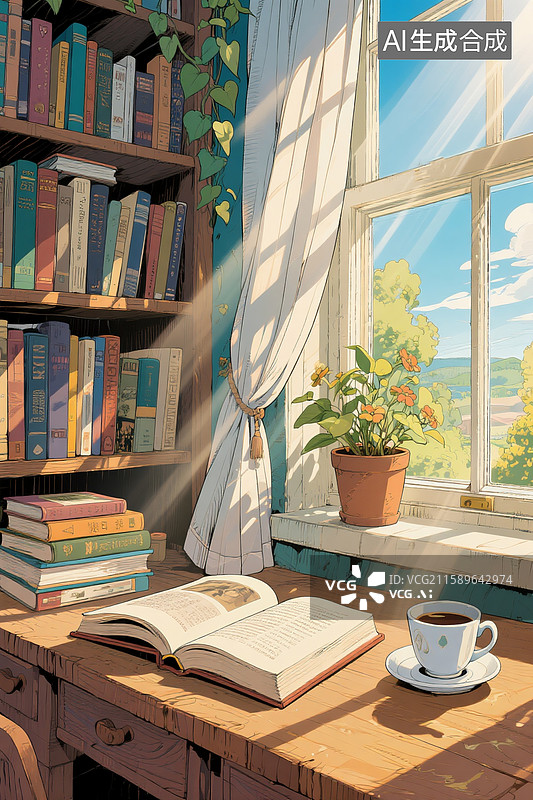 【AI数字艺术】书架 窗户 纱帘 花盆 实木书桌 书  打开的书 咖啡杯 ，有阳光透过 丁达尔效应图片素材