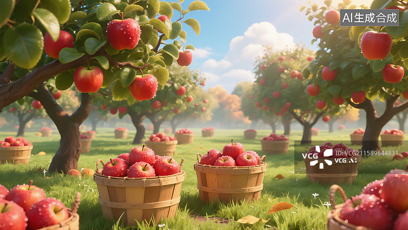 【AI数字艺术】秋天，果园里丰收的苹果，苹果熟了，大丰收图片素材