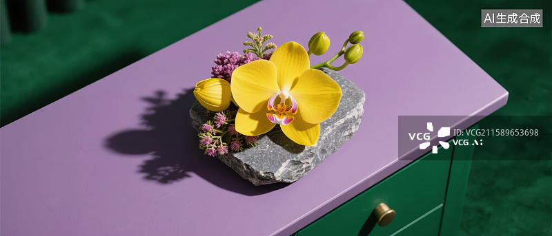 【AI数字艺术】紫色柜上黄花石摆设图片素材