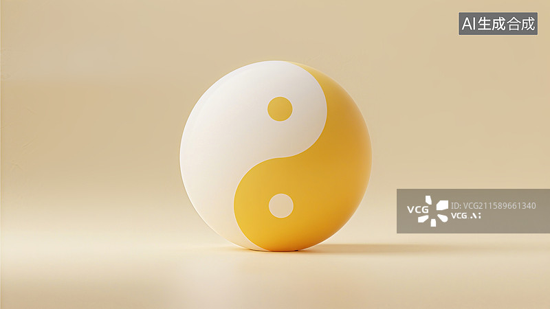 【AI数字艺术】一个太极图案的球体，白色和黄色部分交错，背景为浅黄色图片素材