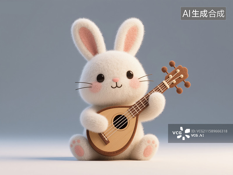 【AI数字艺术】奇思妙想3D毛毡插画可爱兔子弹奏琵琶庆中秋白色背景创意商业设计用于海报、书籍封面和金融科技活动图片素材