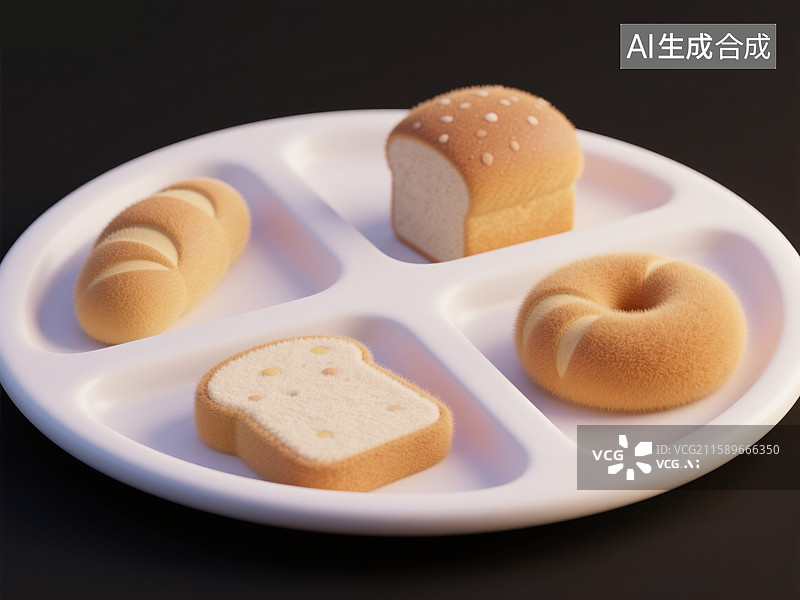 【AI数字艺术】奇思妙想3D毛毡插画分隔盘中的多样面包早餐烘培创意商业白色背景金融科技年度报告经济演示独特设计元素图片素材
