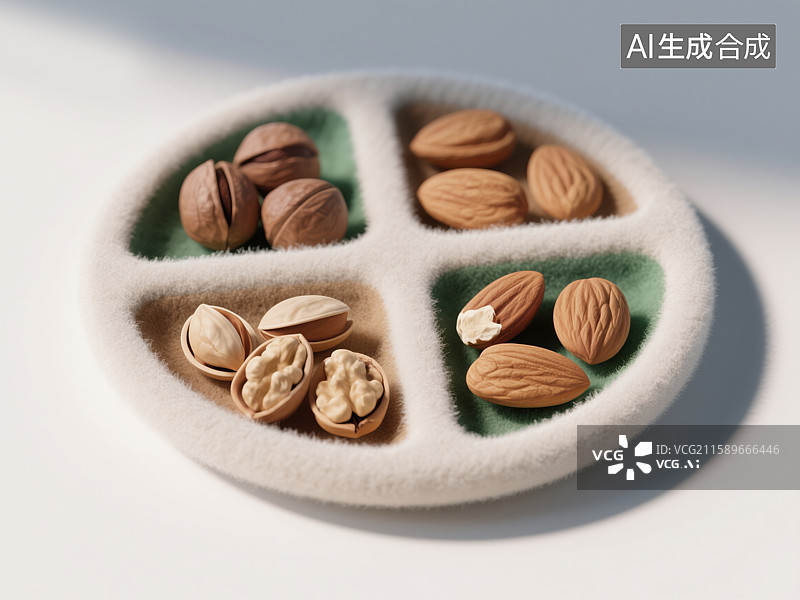 【AI数字艺术】创意3D毛毡插画白色抽象商业背景分隔餐盘与各式坚果健康零食、营养和均衡饮食主题图片素材
