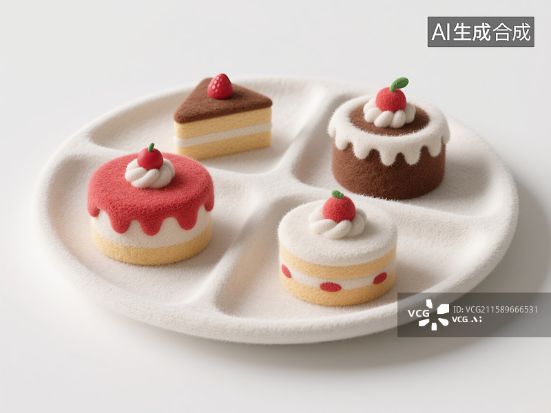 【AI数字艺术】分隔盘中的多样蛋糕3D毛毡插画创意商业背景下午茶烘培早餐金融科技年度报告经济演示图片素材