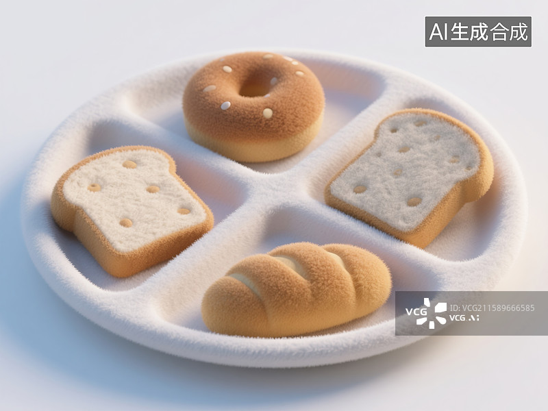 【AI数字艺术】奇思妙想3D毛毡插画分隔盘中的多样面包早餐烘培创意商业白色背景金融科技年度报告经济演示独特设计元素图片素材