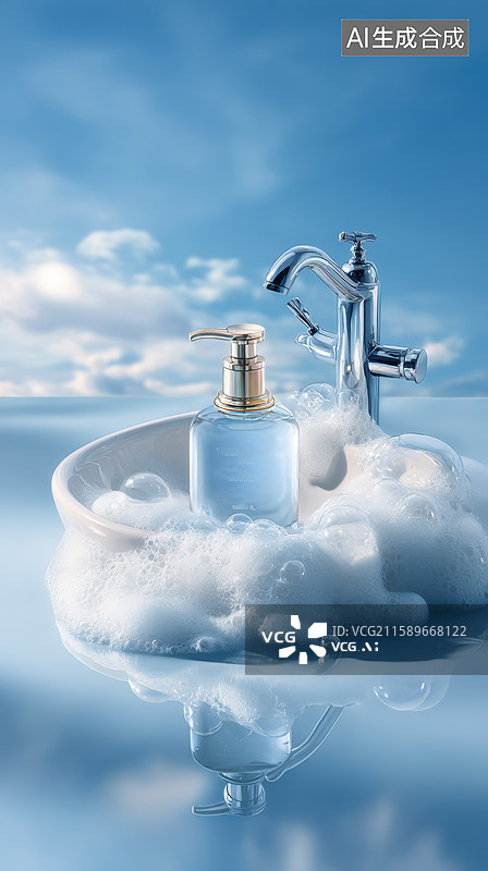【AI数字艺术】洗手池中的泡沫与皂液瓶图片素材
