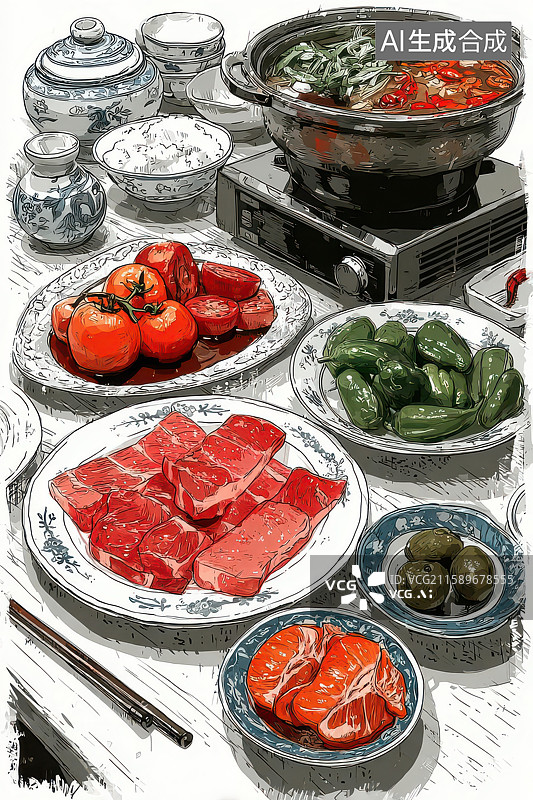 【AI数字艺术】丰富食材组成美味餐食场景图图片素材