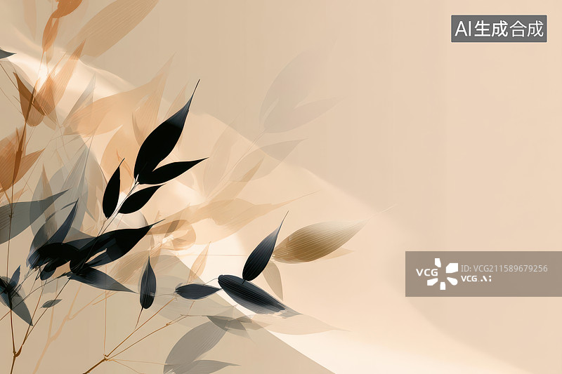 【AI数字艺术】黑色勾边植物米白背景自然插画图图片素材
