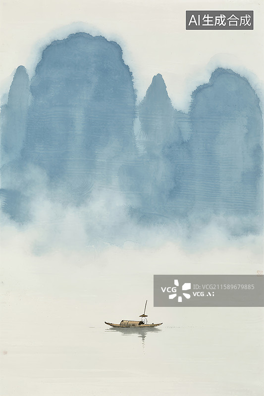 【AI数字艺术】山水间的小舟图片素材
