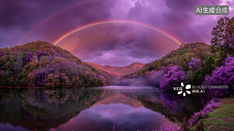 【AI数字艺术】紫树环绕湖面上的双彩虹图片素材