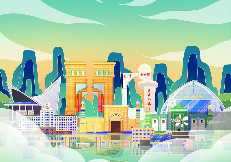 国潮风新中式绿色新疆喀什旅游景点建筑图片素材