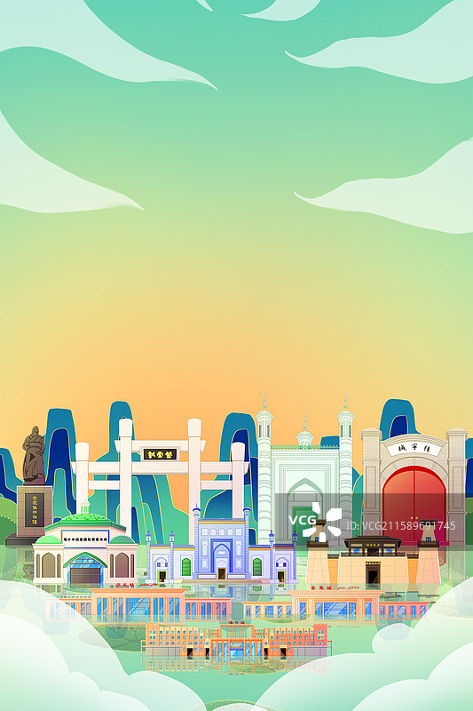 国潮风新中式绿色新疆喀什旅游景点建筑图片素材