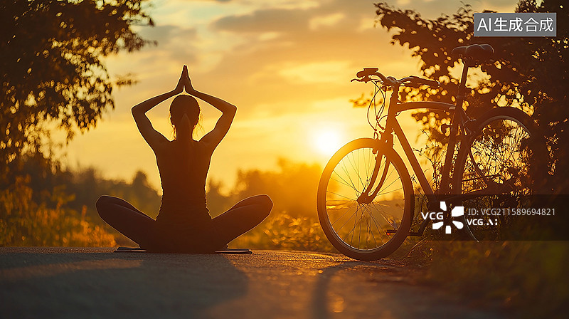 【AI数字艺术】夕阳下的瑜伽与骑行图片素材