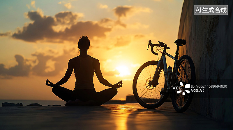 【AI数字艺术】夕阳下的瑜伽与骑行图片素材