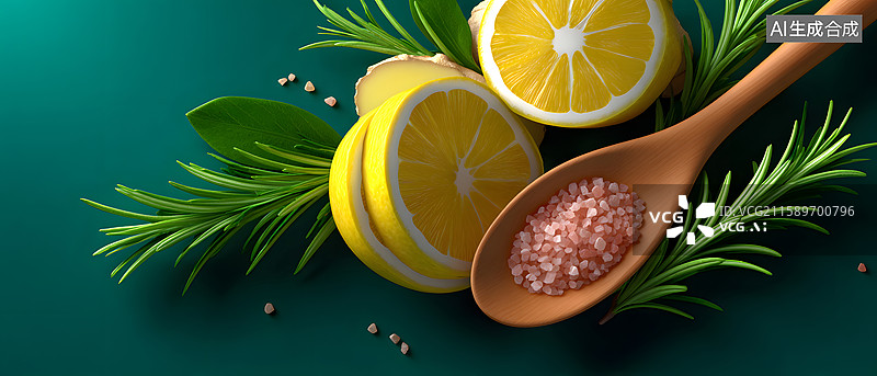 【AI数字艺术】柠檬生姜与草本的清新背景图片素材