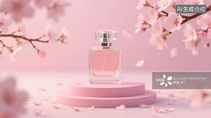 【AI数字艺术】粉色樱花环绕的香水瓶图片素材