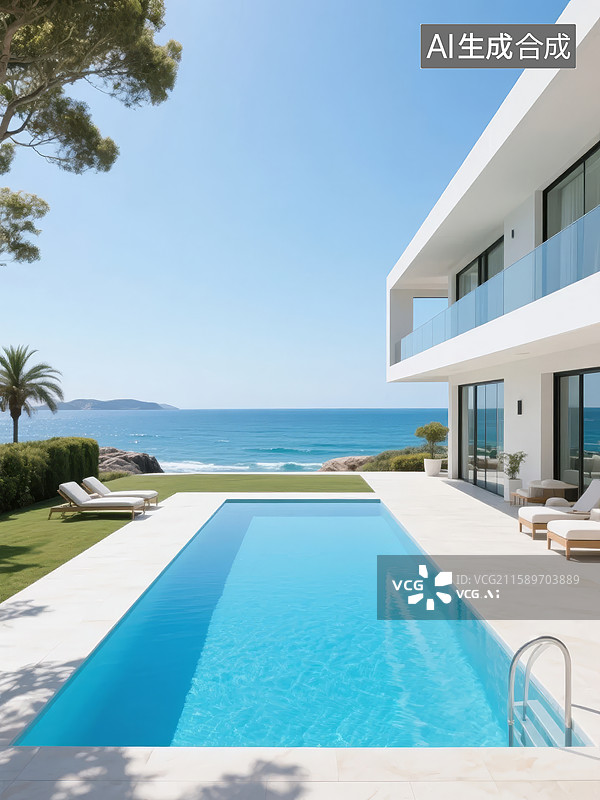 【AI数字艺术】现代海滨别墅与泳池图片素材