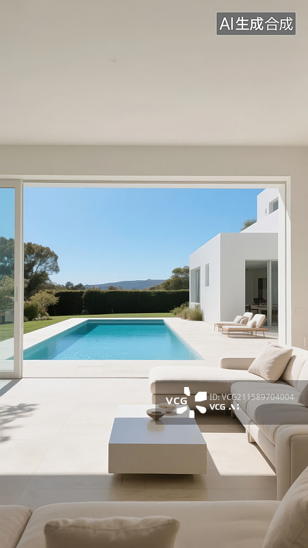 【AI数字艺术】现代别墅室内与泳池景观图片素材