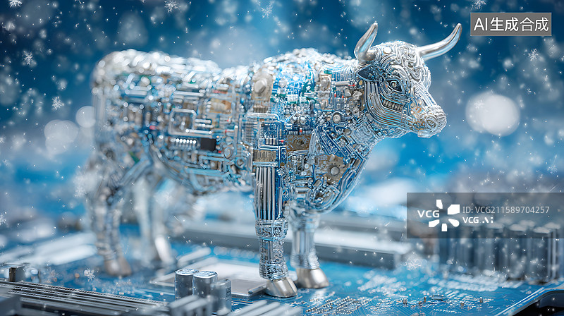 【AI数字艺术】AIGC:电路板上电子元件组成的科技感机械牛图片素材