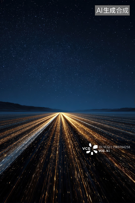 【AI数字艺术】星空下的未来科技感蓝色发光粒子光轨道路平台图片素材