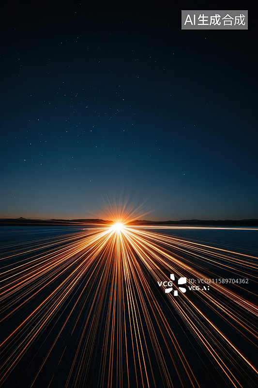 【AI数字艺术】星空下的未来科技感蓝色发光粒子光轨道路平台图片素材