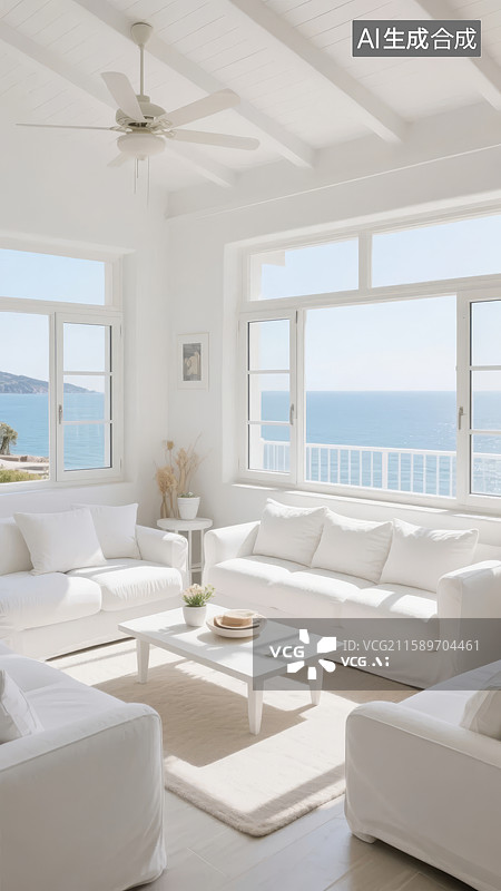 【AI数字艺术】明亮海滨客厅，白色家具与海景图片素材