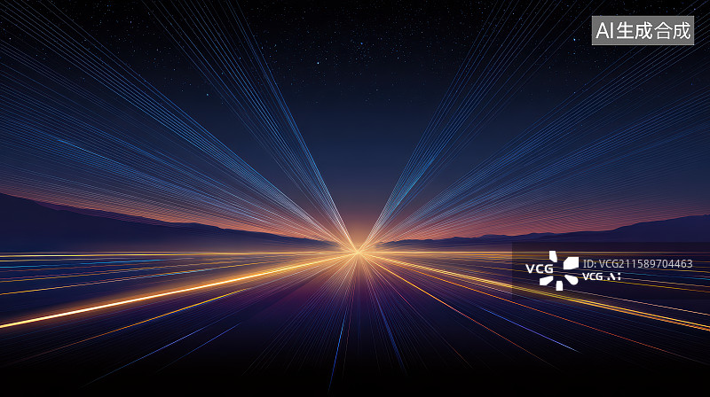 【AI数字艺术】星空下的未来科技感蓝紫橙色发光粒子光轨道路平台图片素材