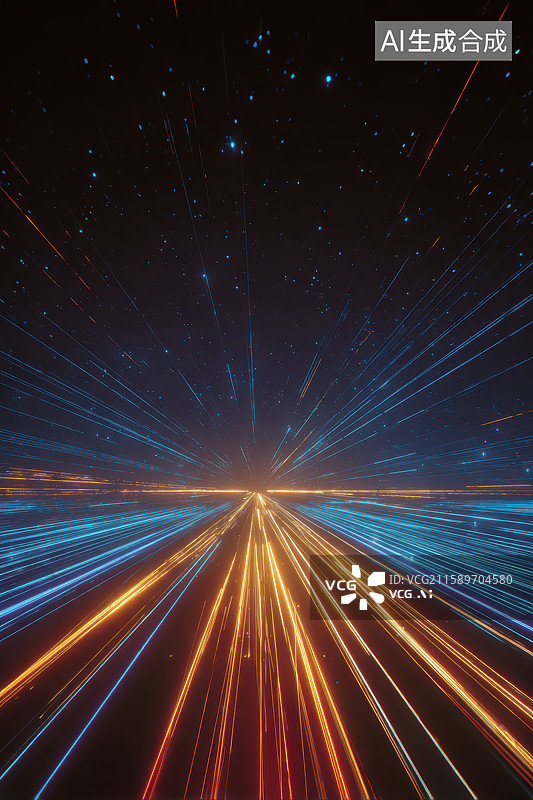 【AI数字艺术】星空下的未来科技感蓝紫橙色发光粒子光轨道路平台图片素材