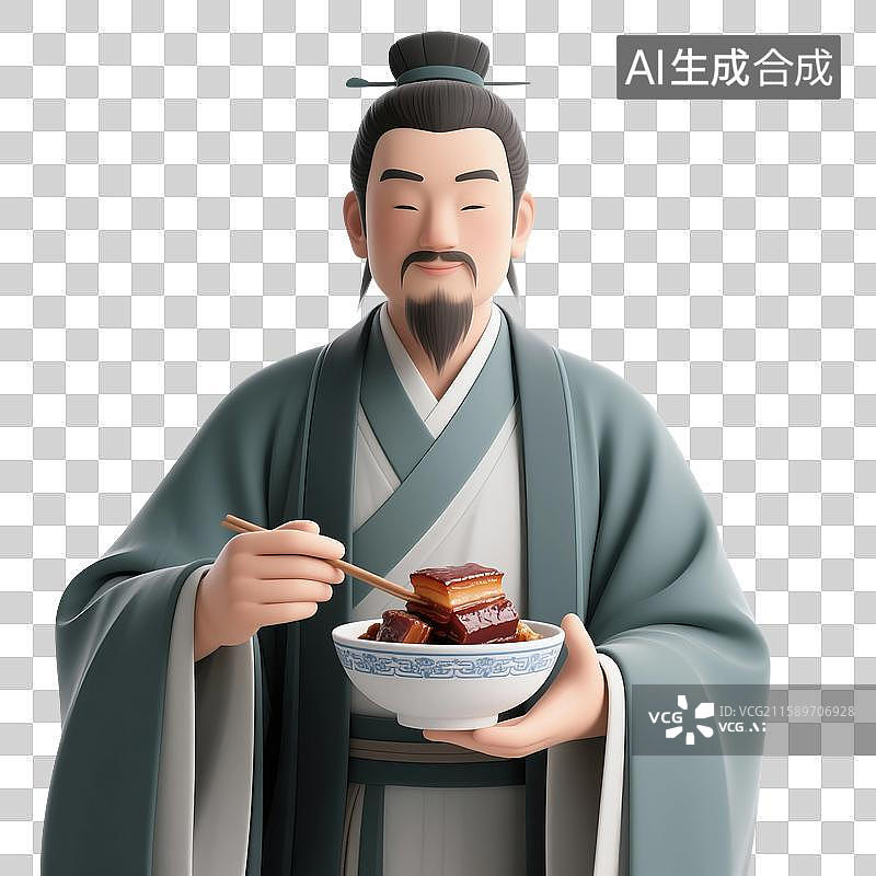 【AI数字艺术】3D渲染中国风古代卡通人物，苏东坡，苏轼，手里拿着东坡肉，中华美食免抠元素图片素材
