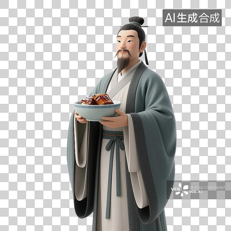 【AI数字艺术】3D渲染中国风古代卡通人物，苏东坡，苏轼，手里拿着东坡肉，中华美食免抠元素图片素材