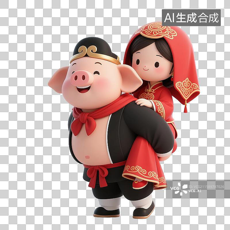 【AI数字艺术】3D渲染，西游记卡通人物形象，猪八戒，猪八戒背新娘，免抠元素图片素材