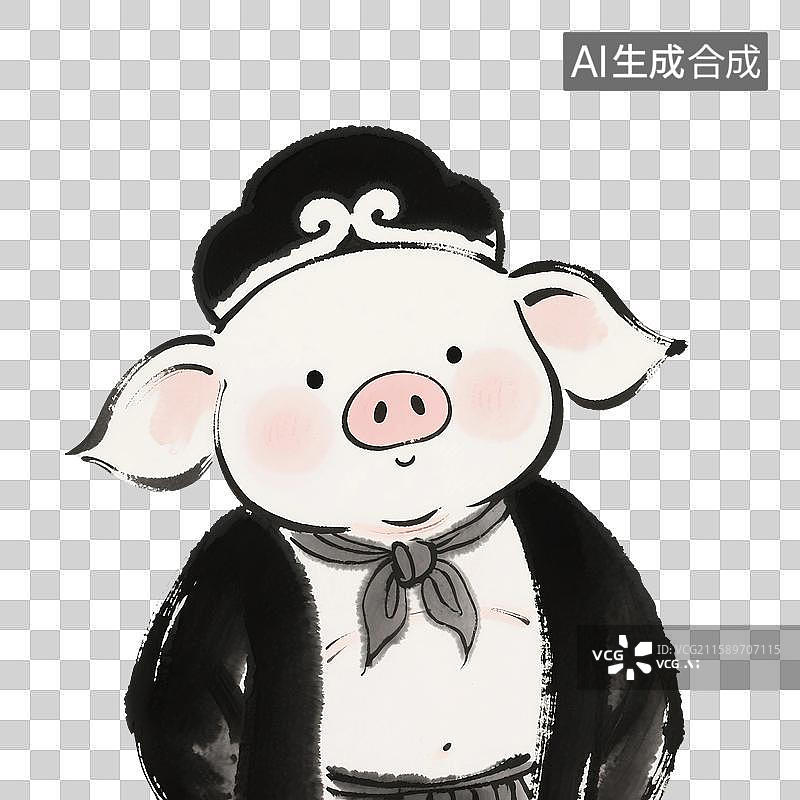 【AI数字艺术】中国风手绘插画，水墨画，西游记卡通人物形象，猪八戒，免抠元素图片素材