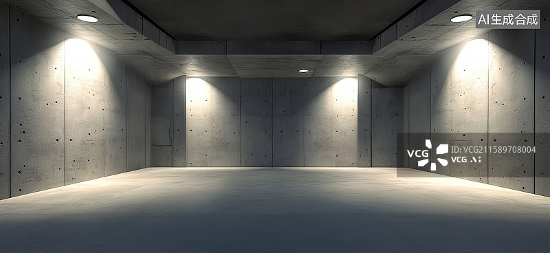 【AI数字艺术】空旷混凝土房间，灯光照射图片素材