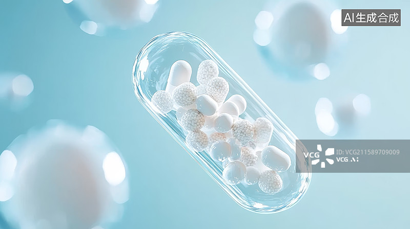 【AI数字艺术】透明胶囊中的白色颗粒图片素材