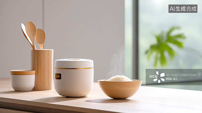 【AI数字艺术】暖色系厨房里的智能电饭煲、米饭和各类厨具图片素材