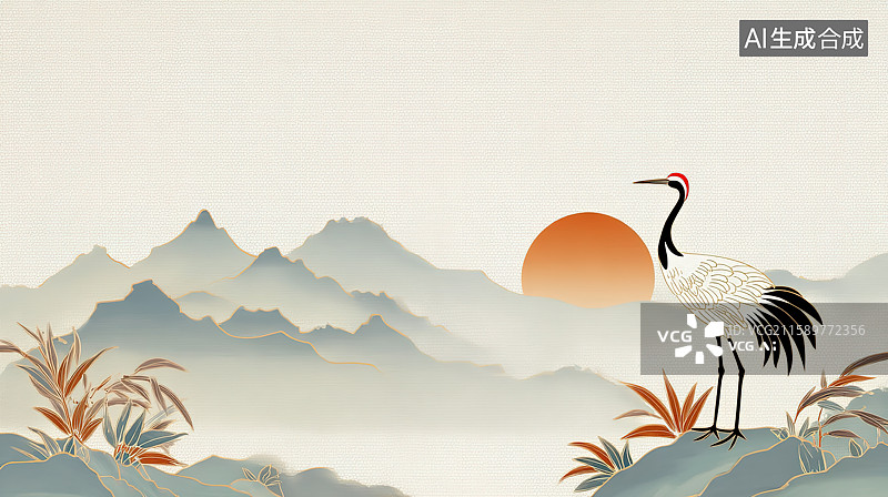 【AI数字艺术】国风山水仙鹤图水墨风插画图片素材