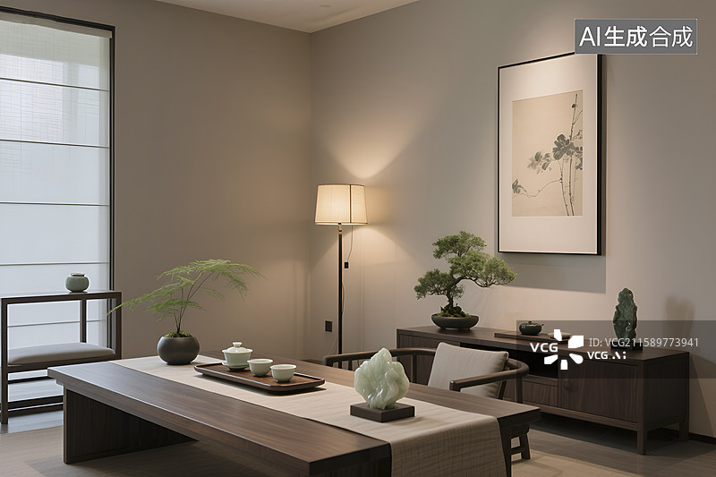 【AI数字艺术】中式风格雅致茶室空间图片素材