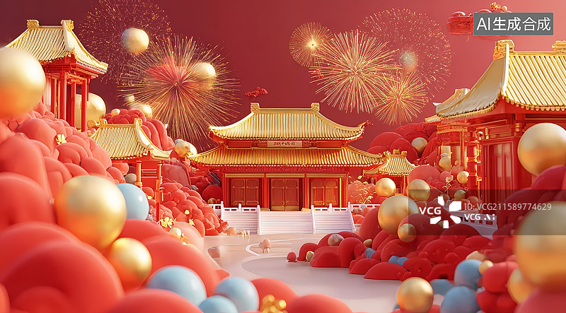【AI数字艺术】喜庆春节场景，金色宫殿与烟花图片素材