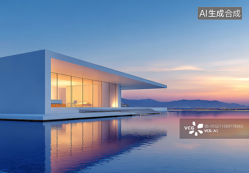 【AI数字艺术】现代建筑临水，夕阳映照图片素材