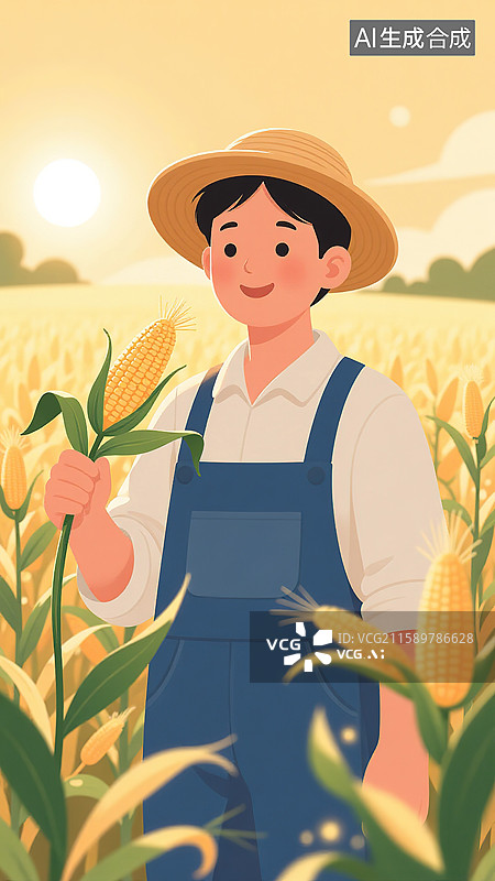 【AI数字艺术】田间手持玉米的开心农夫图片素材