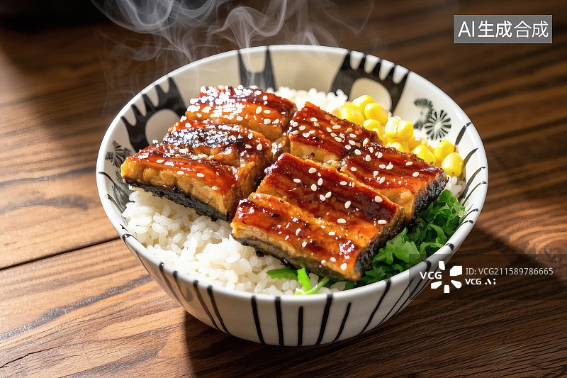 【AI数字艺术】一碗冒着热气的鳗鱼盖饭，上面撒着白芝麻图片素材