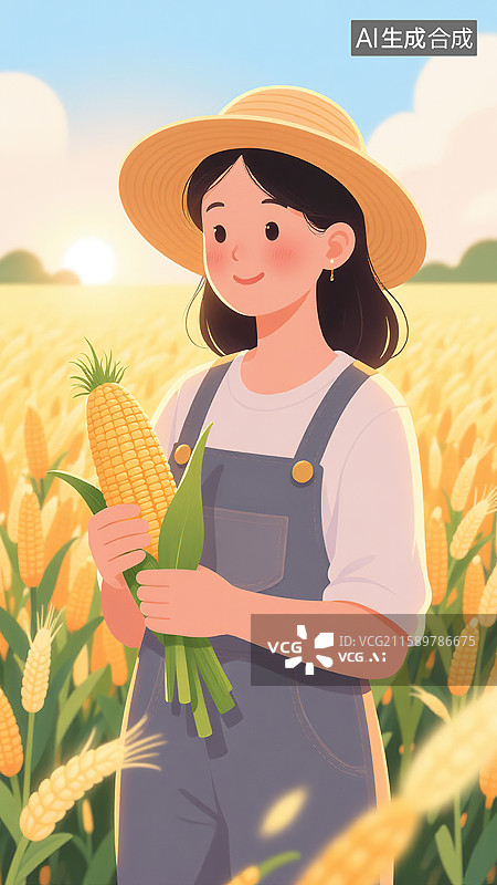 【AI数字艺术】夕阳下田间拿着玉米的女性图片素材