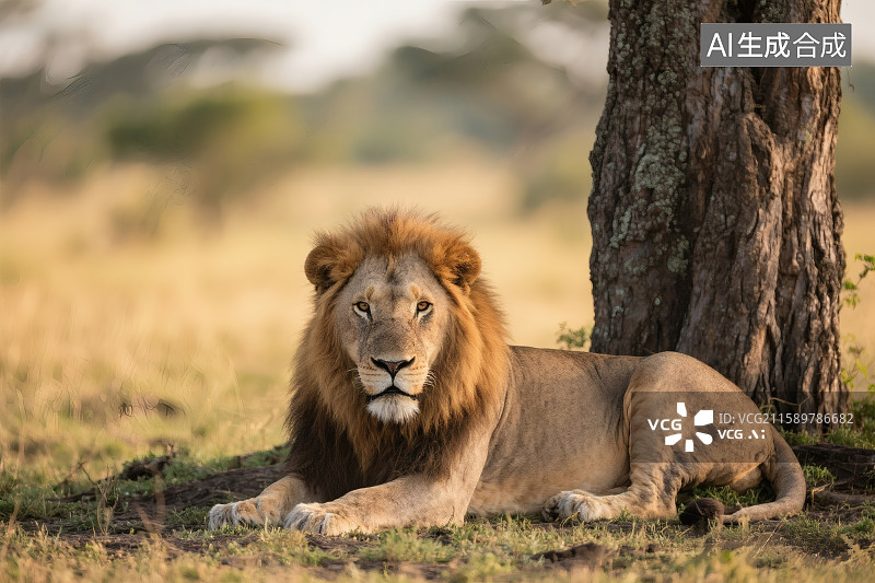 【AI数字艺术】非洲大草原，树下趴着一只狮子图片素材