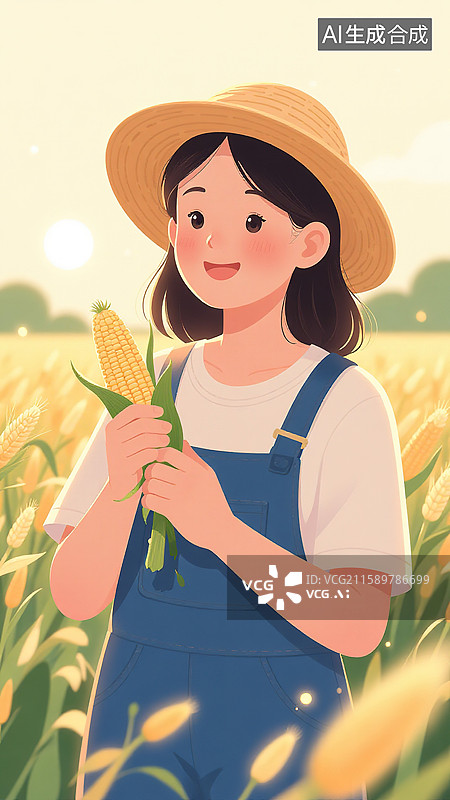 【AI数字艺术】夕阳下田间拿着玉米的女性图片素材