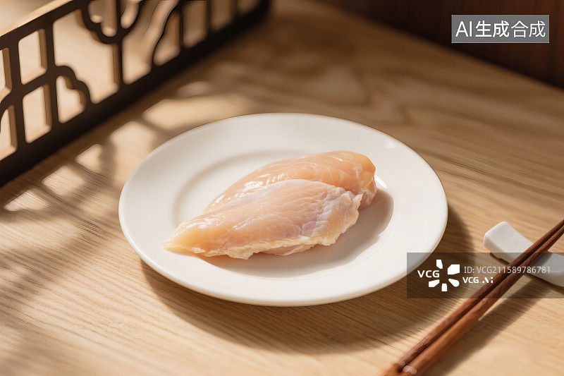 【AI数字艺术】中式摄影布局，白色餐盘中的一块鸡胸肉图片素材