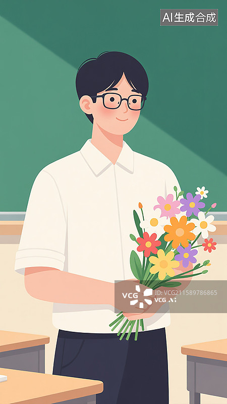 【AI数字艺术】教室中手持鲜花的男士图片素材